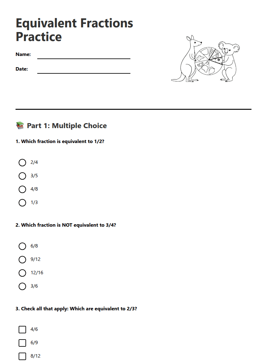 Equivalent Fractions Practice worksheet preview