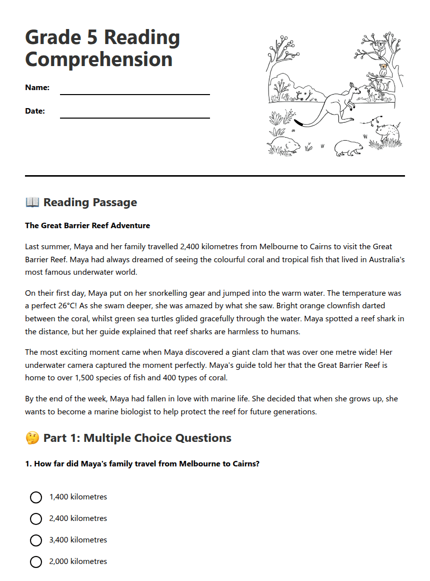 Grade 5 Reading Comprehension worksheet preview