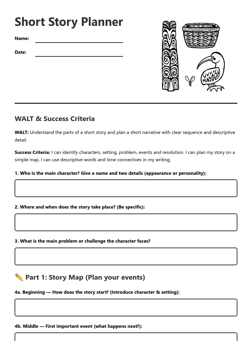 Short Story Planner worksheet preview