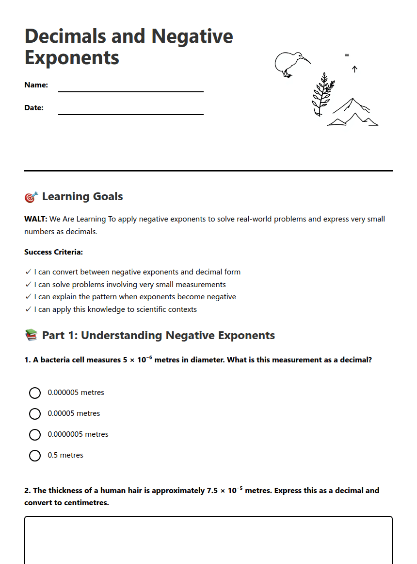 Decimals and Negative Exponents worksheet preview
