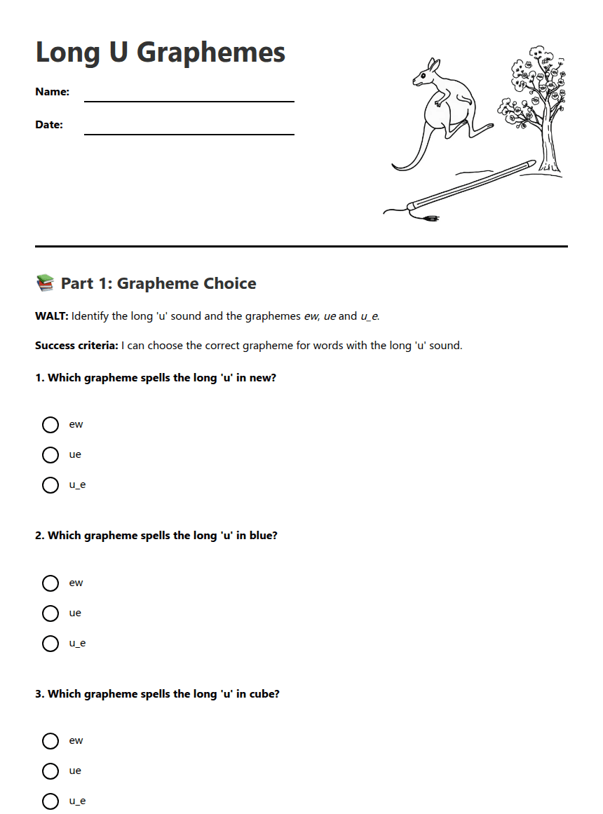 Long U Graphemes worksheet preview