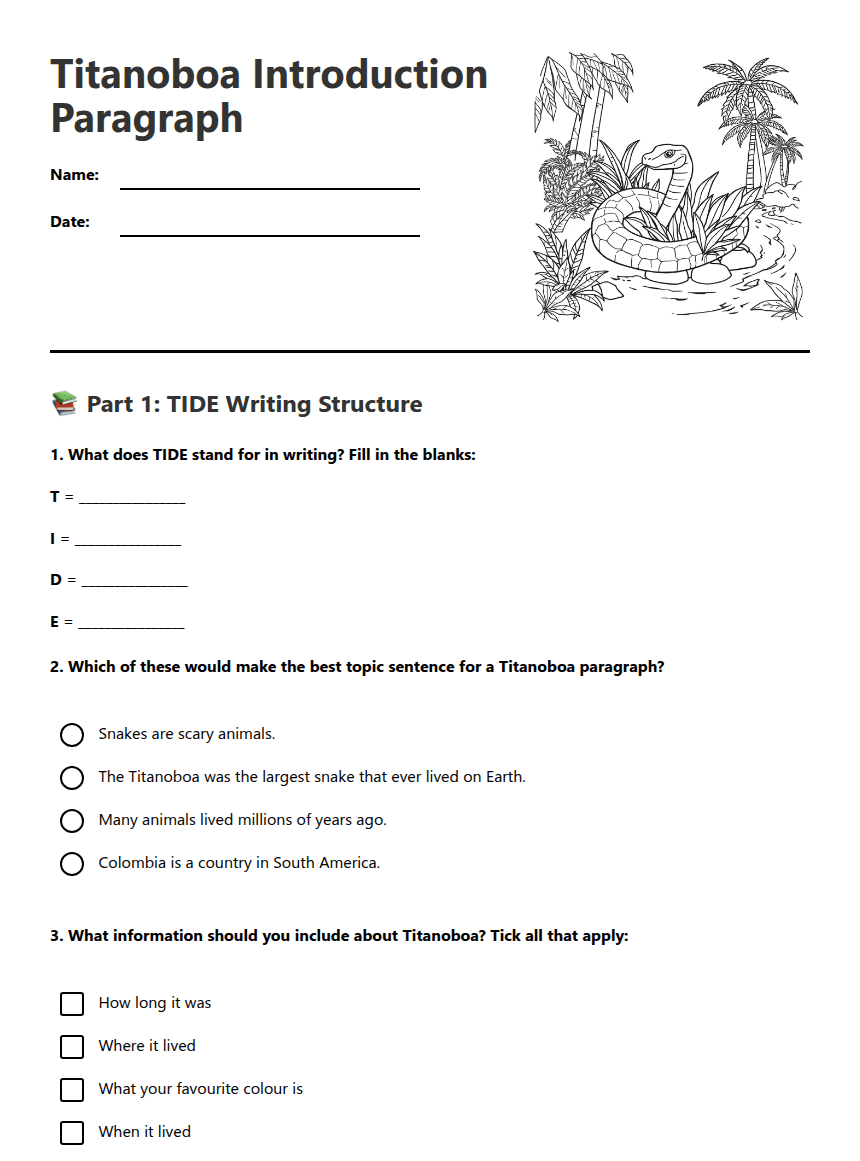 Titanoboa Introduction Paragraph worksheet preview