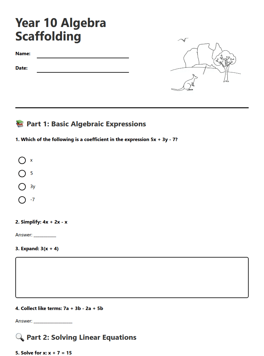 Year 10 Algebra Scaffolding worksheet preview