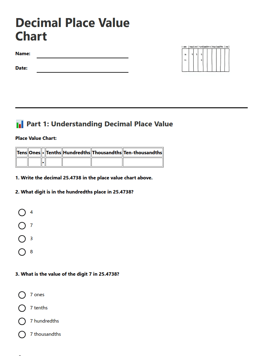 Decimal Place Value Chart worksheet preview