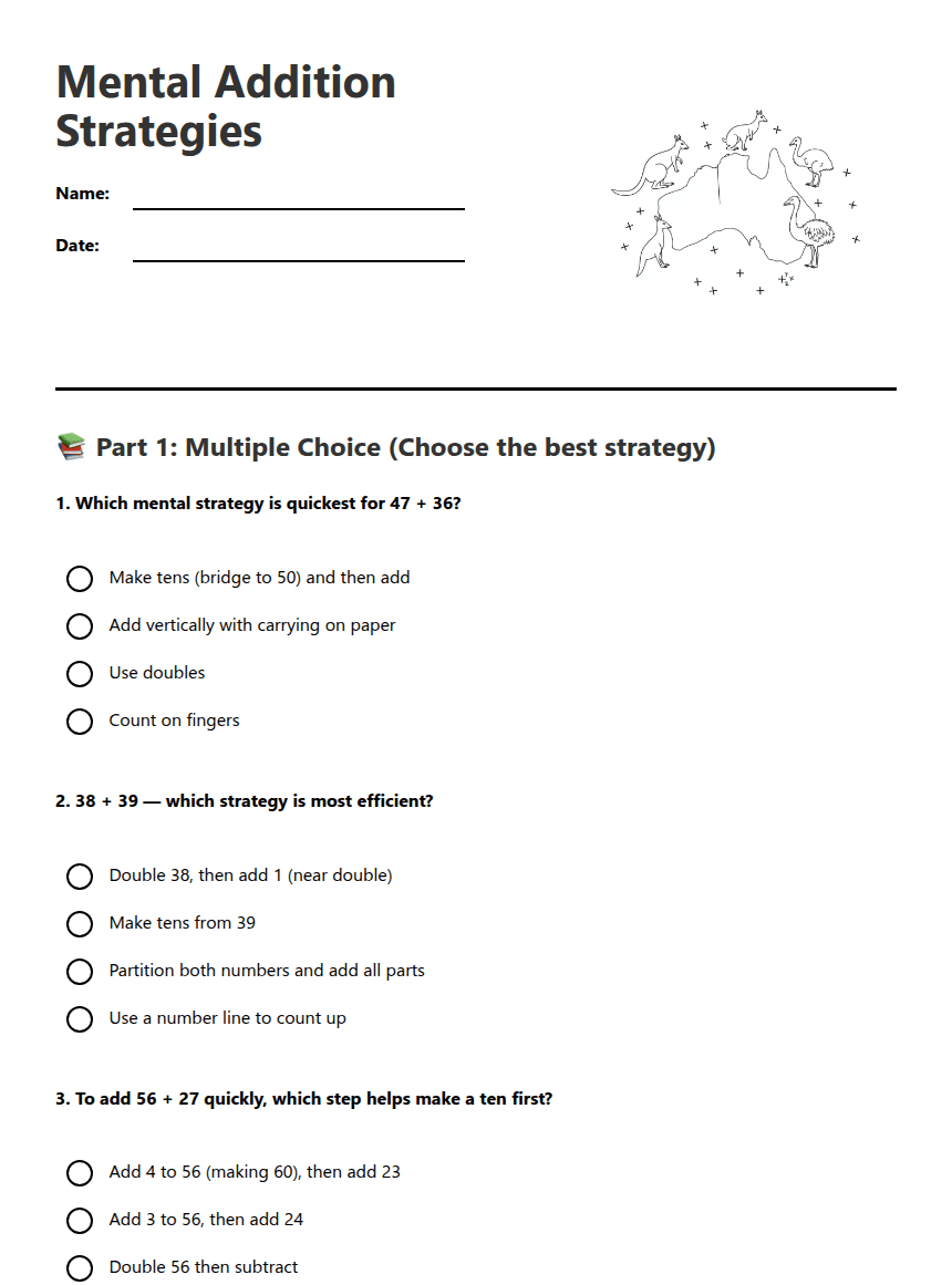 Mental Addition Strategies worksheet preview