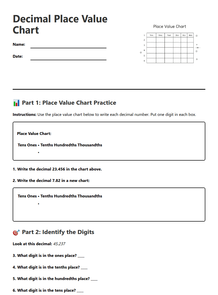 Decimal Place Value Chart worksheet preview