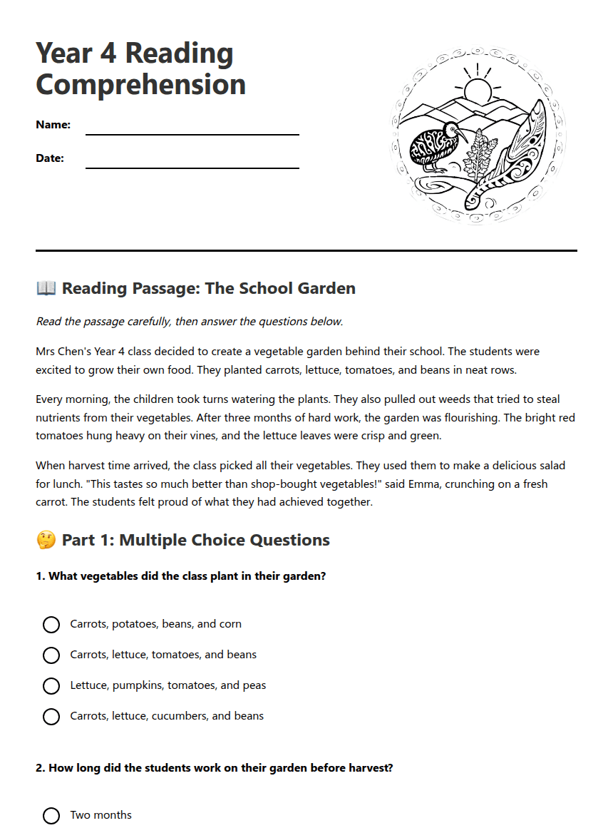 Year 4 Reading Comprehension worksheet preview