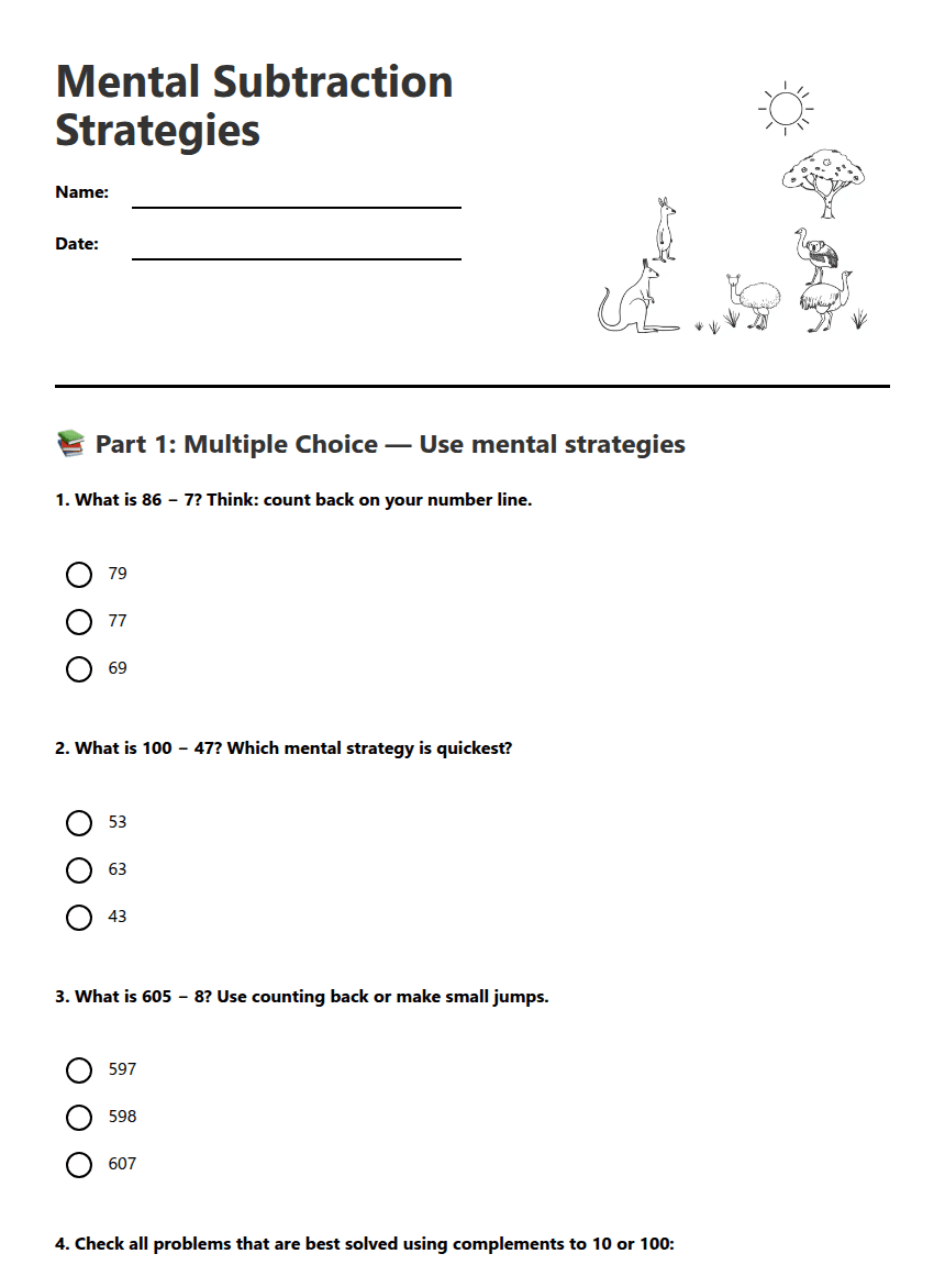 Mental Subtraction Strategies worksheet preview
