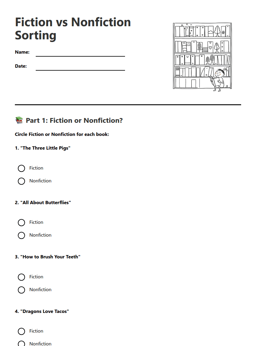 Fiction vs Nonfiction Sorting worksheet preview