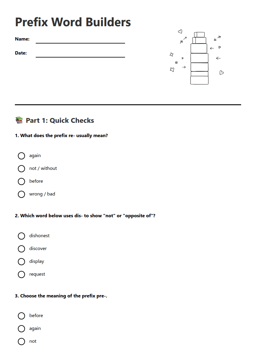 Prefix Word Builders worksheet preview