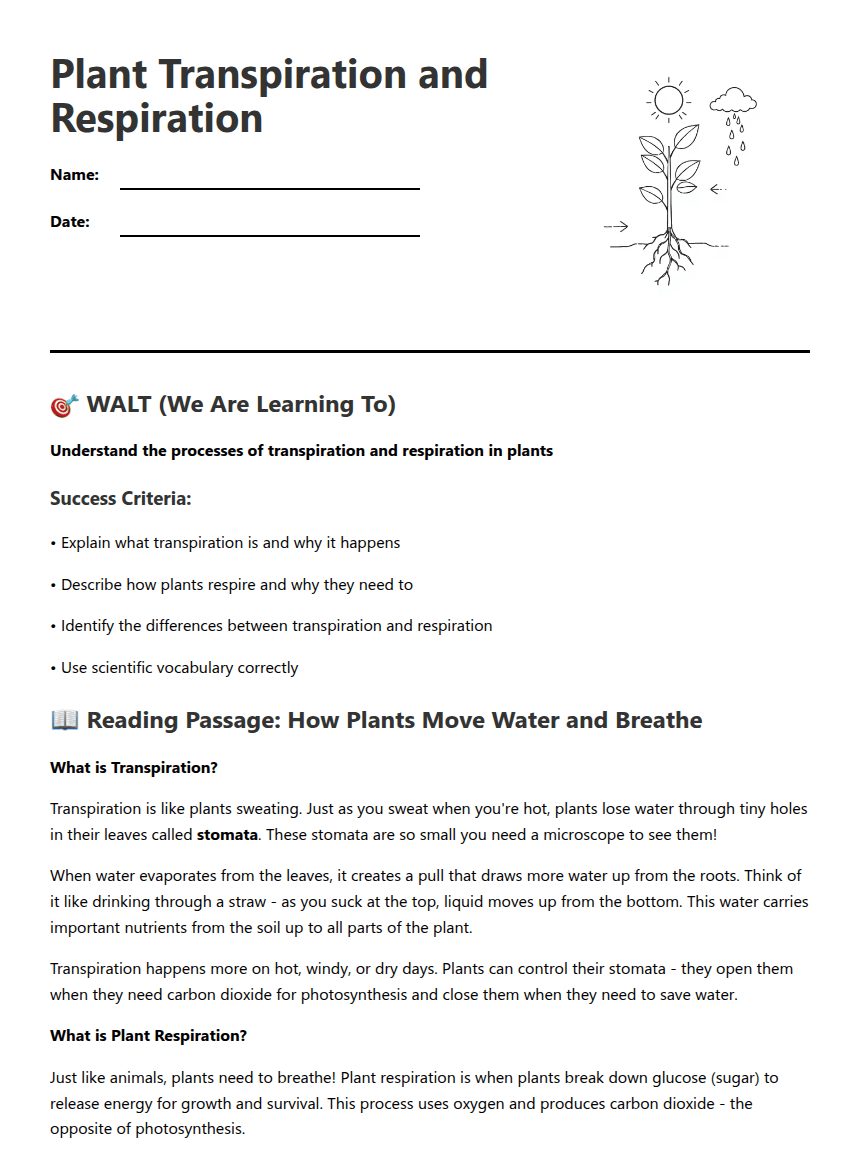 Plant Transpiration and Respiration worksheet preview
