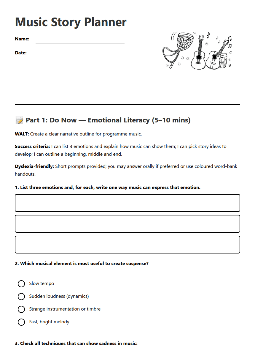 Music Story Planner worksheet preview