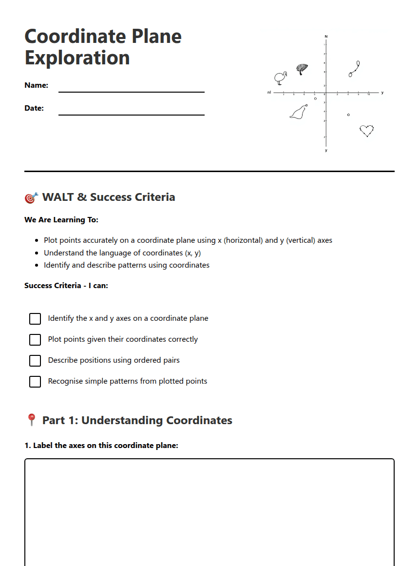 Coordinate Plane Exploration worksheet preview