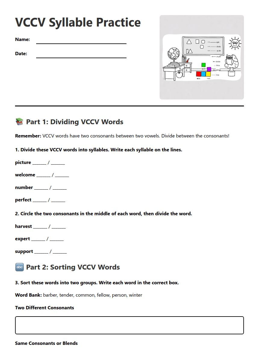 VCCV Syllable Practice worksheet preview