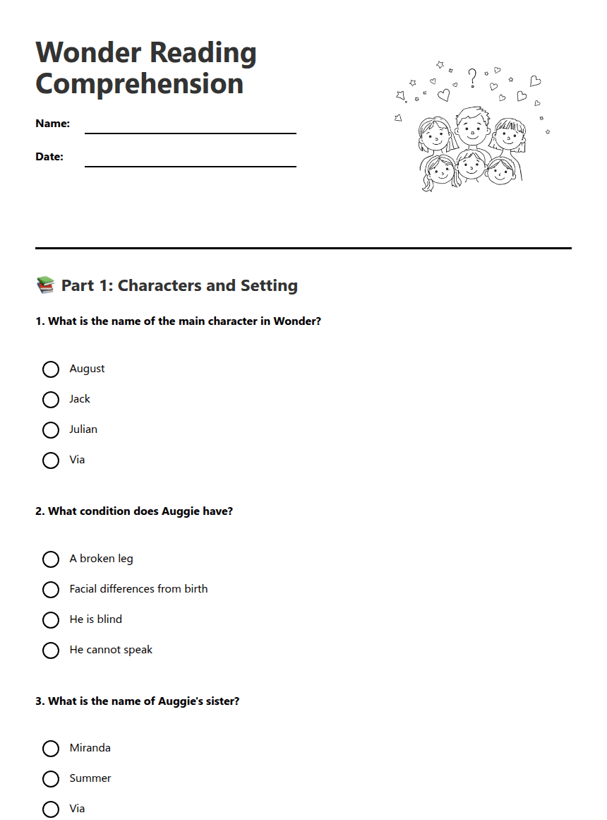 Wonder Reading Comprehension worksheet preview