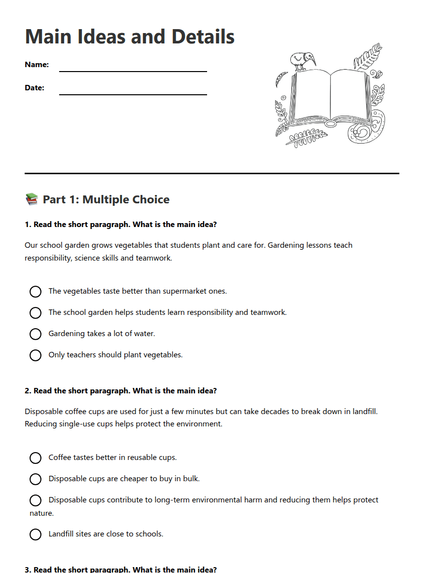 Main Ideas and Details worksheet preview