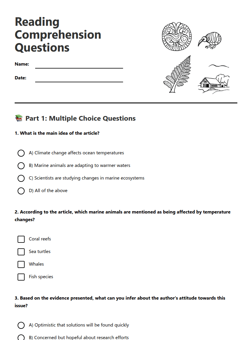 Reading Comprehension Questions worksheet preview