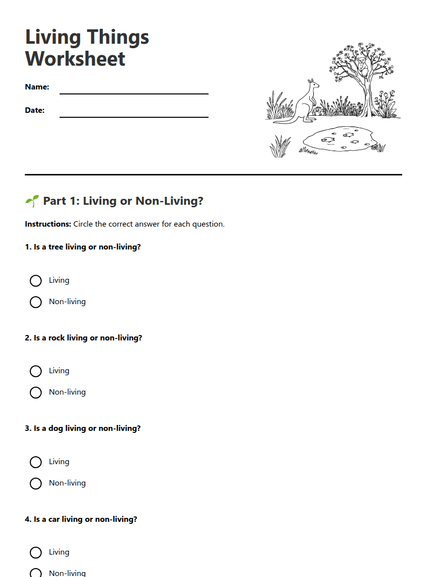 Living Things Worksheet worksheet preview