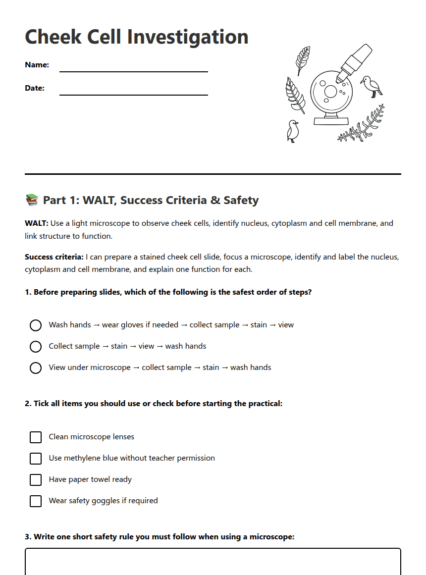 Cheek Cell Investigation worksheet preview
