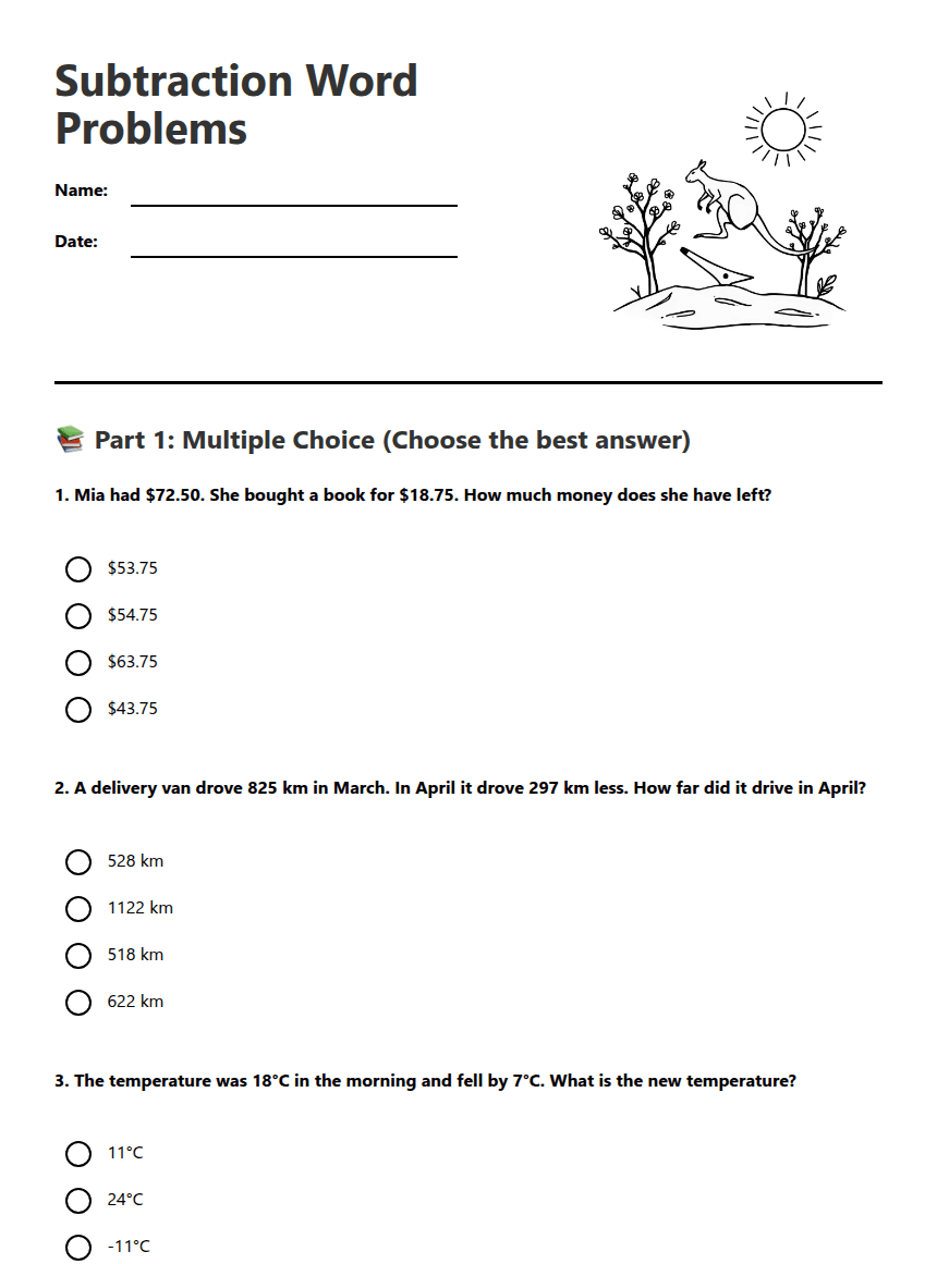Subtraction Word Problems worksheet preview