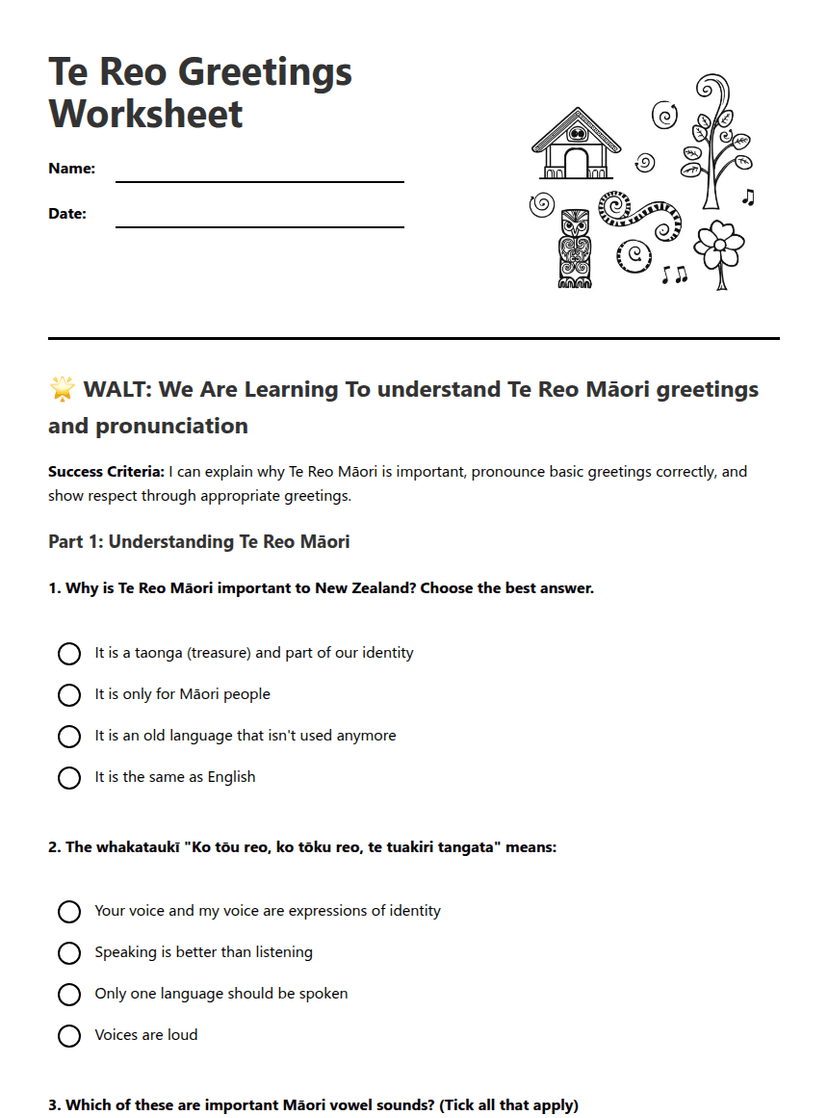 Te Reo Greetings Worksheet