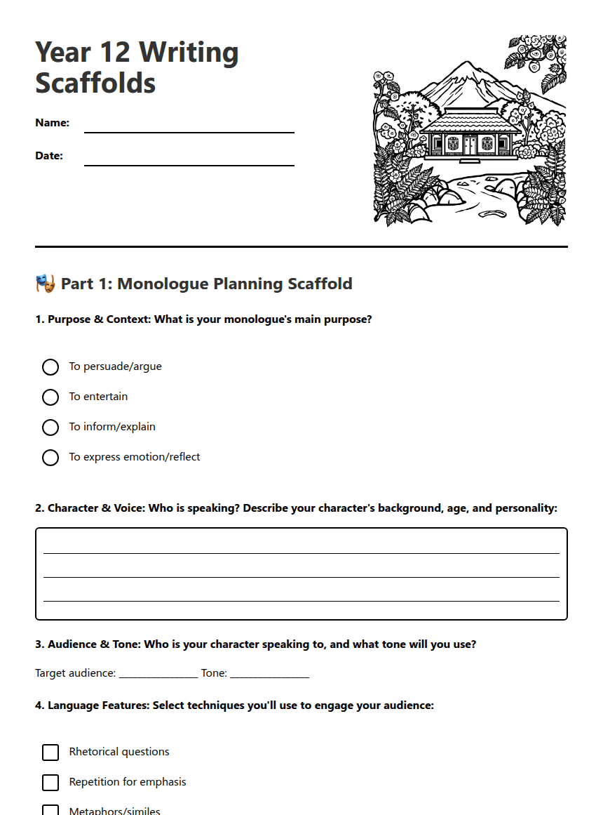 Year 12 Writing Scaffolds worksheet preview