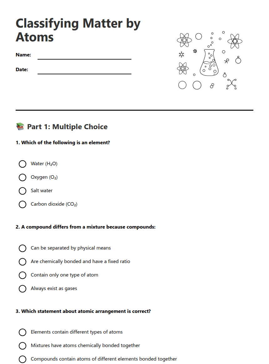 Classifying Matter by Atoms worksheet preview