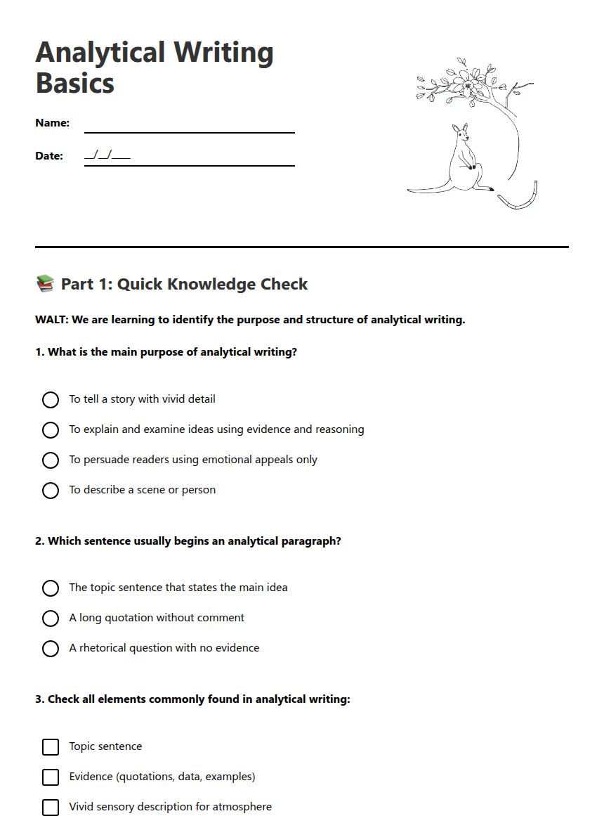 Analytical Writing Basics worksheet preview