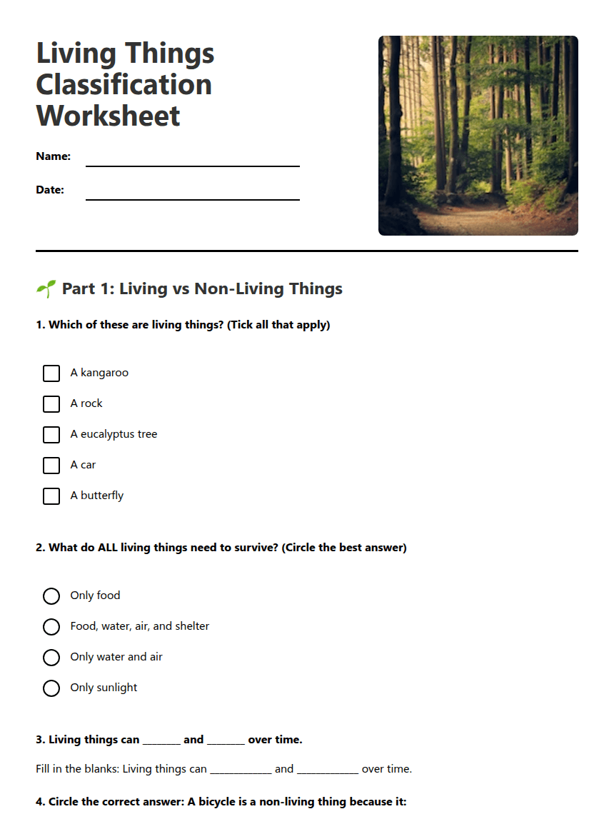 Living Things Classification Worksheet worksheet preview
