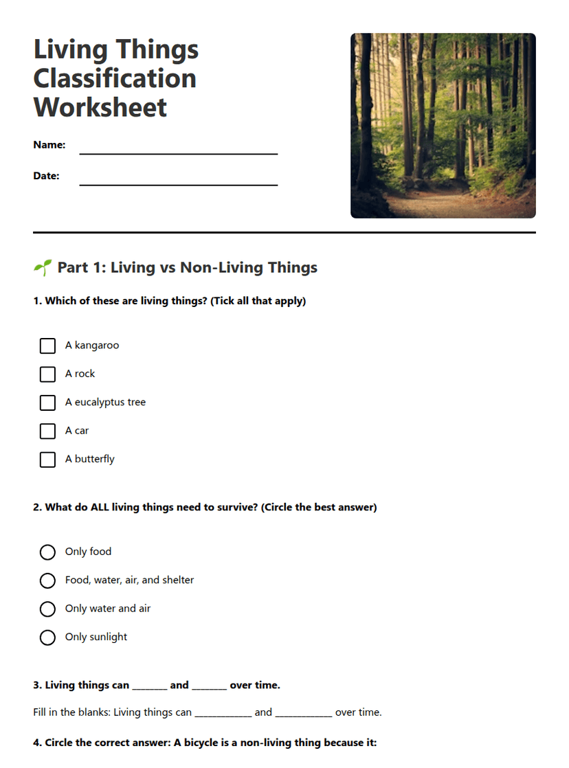 Living Things Classification Worksheet