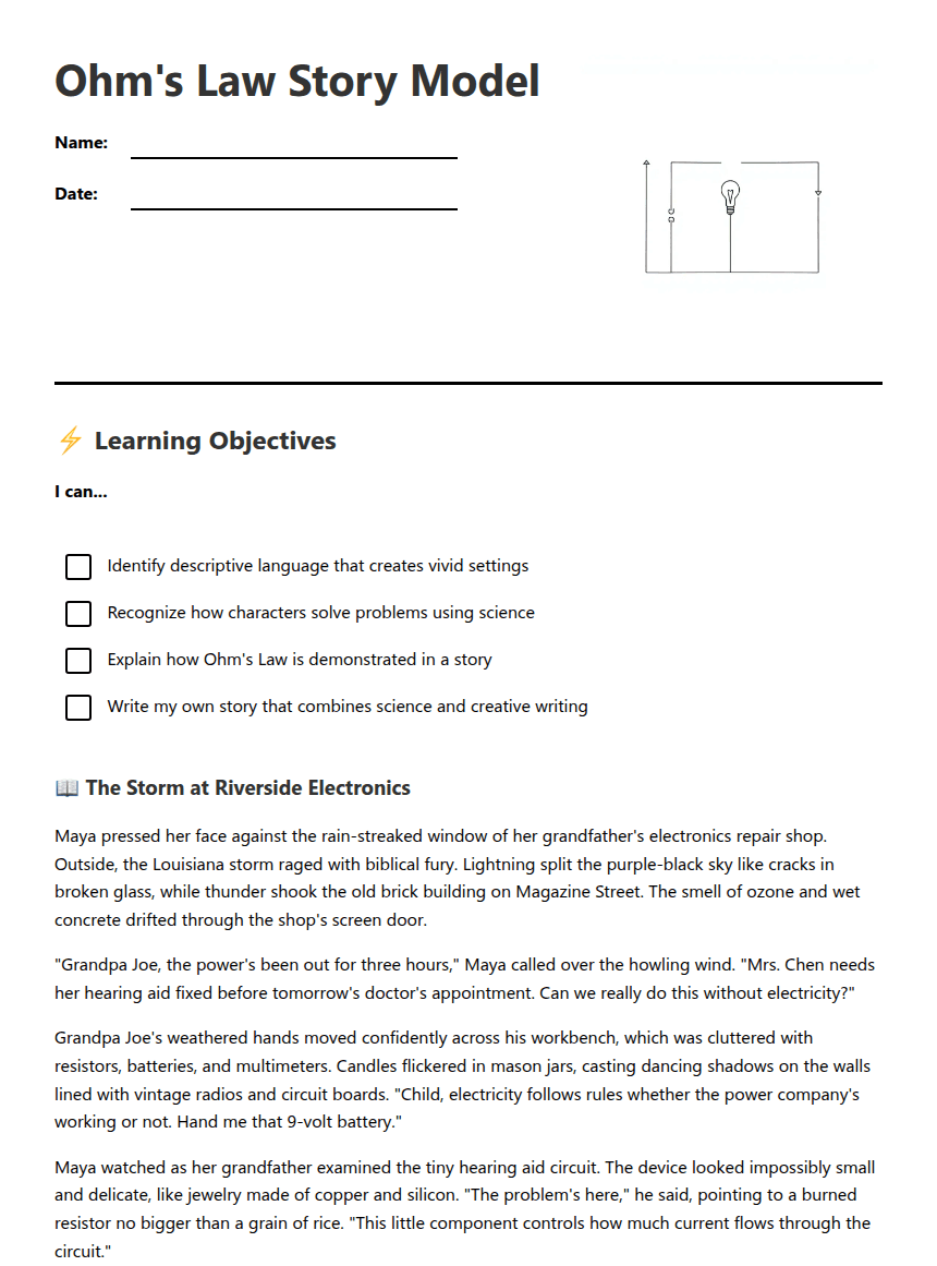 Ohm's Law Story Model worksheet preview