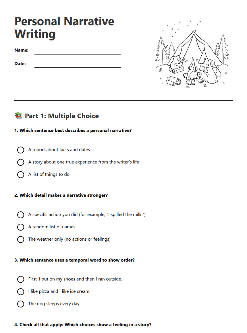 Personal Narrative Writing worksheet preview
