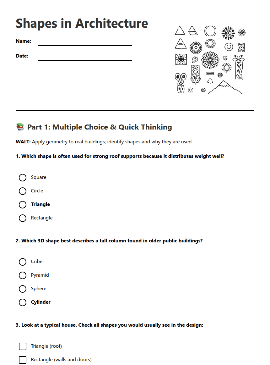 Shapes in Architecture worksheet preview