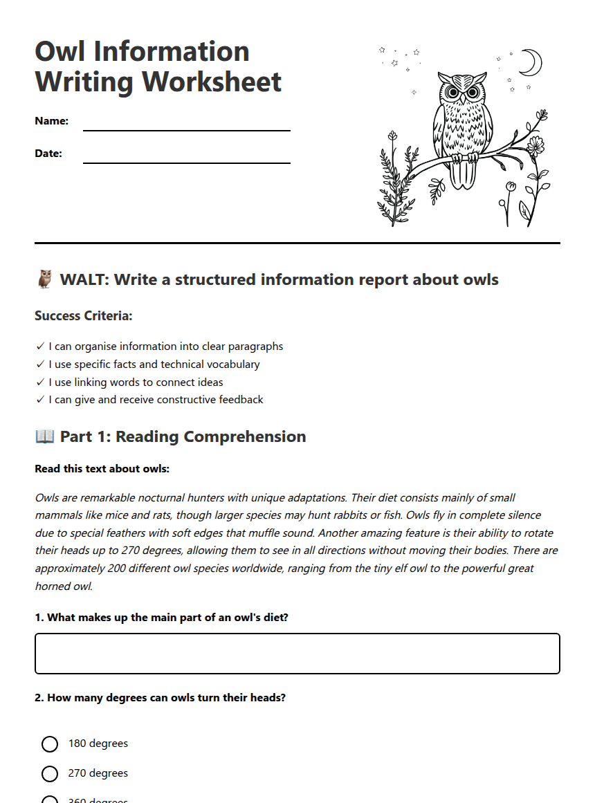 Owl Information Writing Worksheet worksheet preview