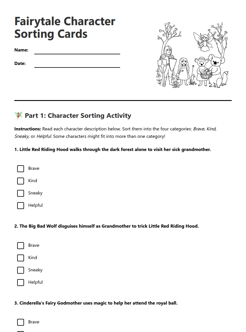 Fairytale Character Sorting Cards worksheet preview