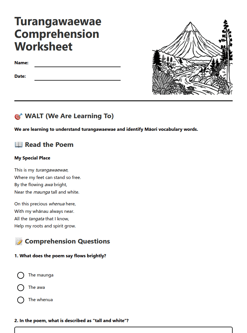 Turangawaewae Comprehension Worksheet worksheet preview
