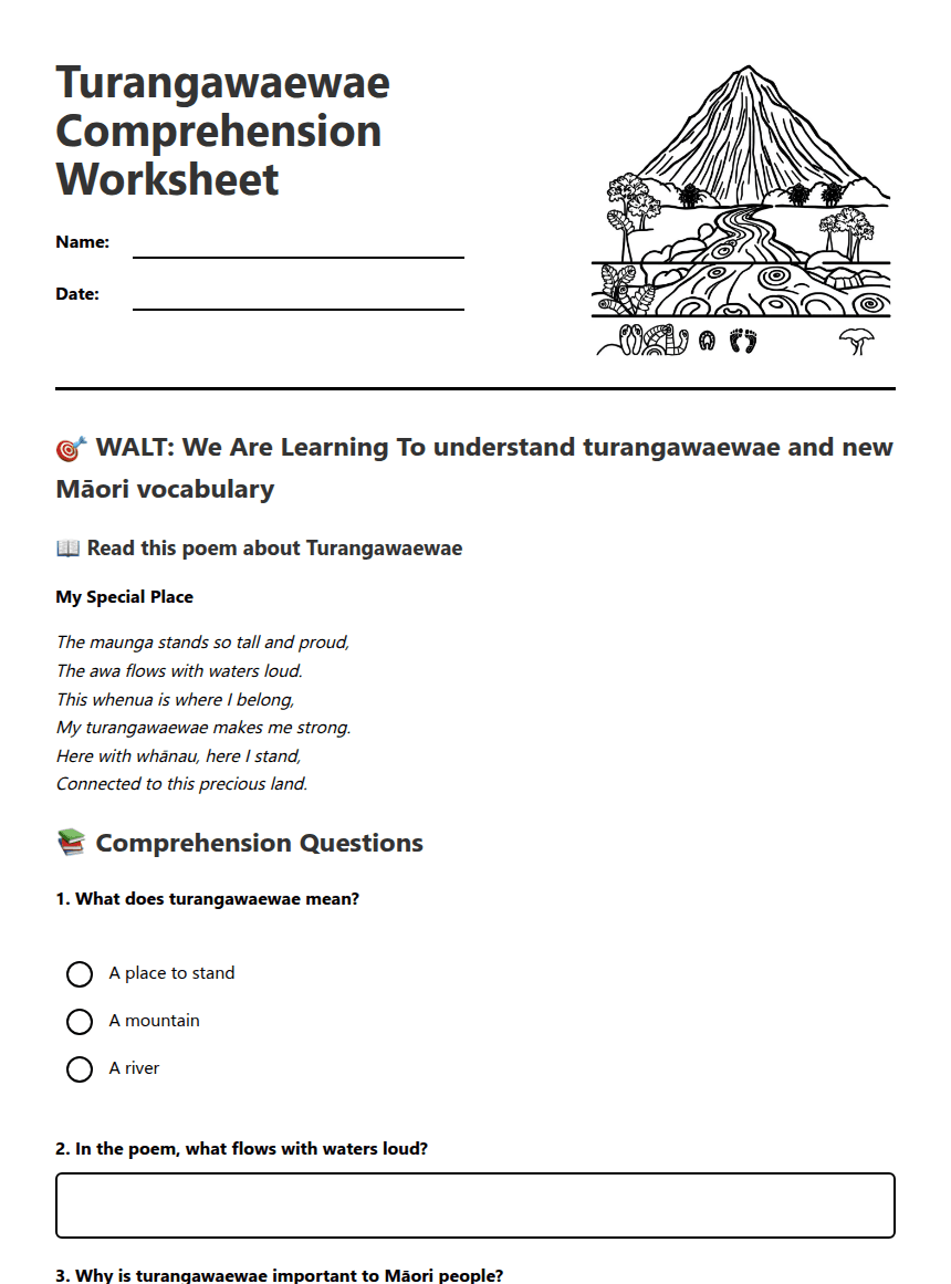 Turangawaewae Comprehension Worksheet worksheet preview