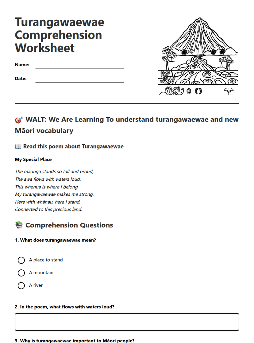 Turangawaewae Comprehension Worksheet