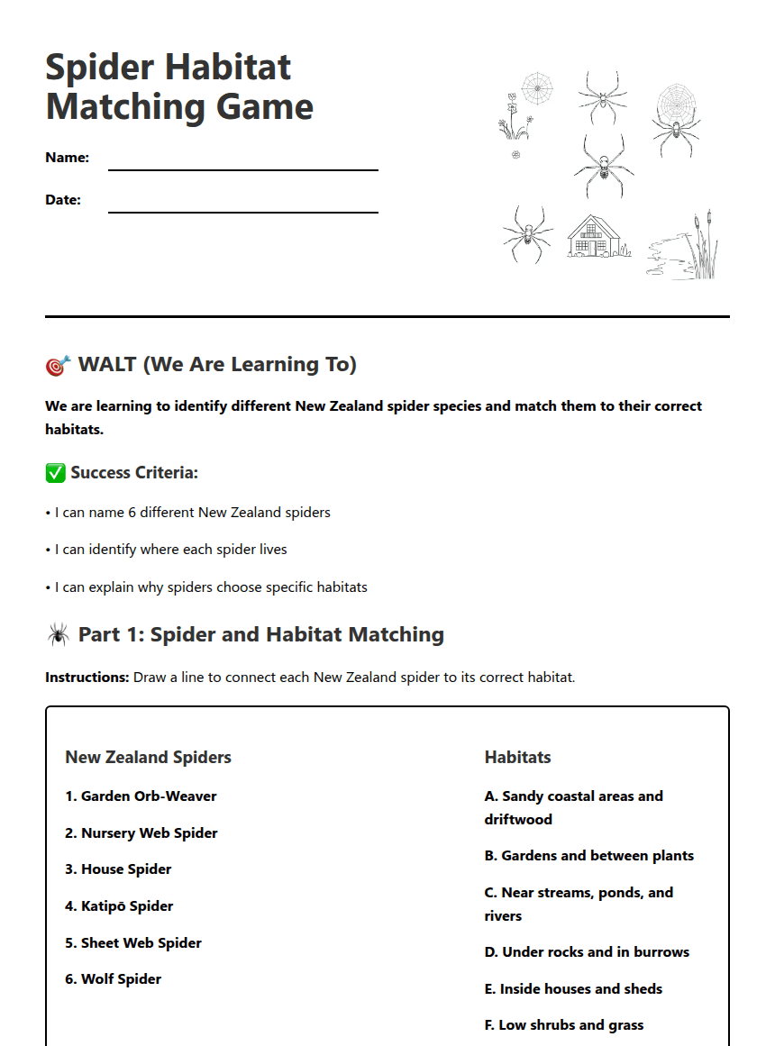 Spider Habitat Matching Game worksheet preview