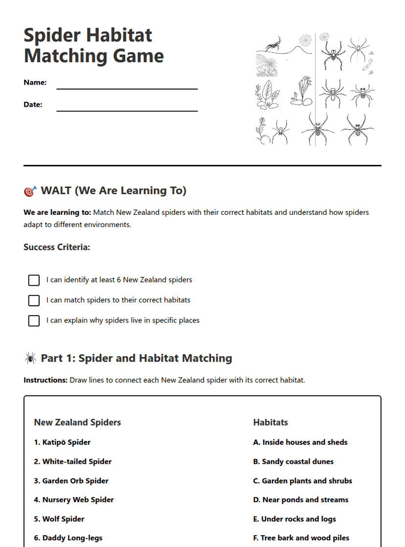 Spider Habitat Matching Game