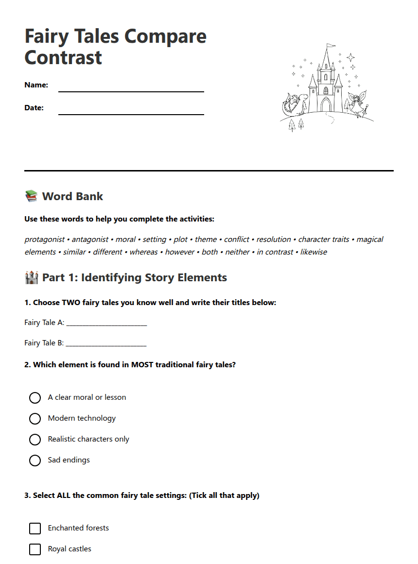 Fairy Tales Compare Contrast worksheet preview