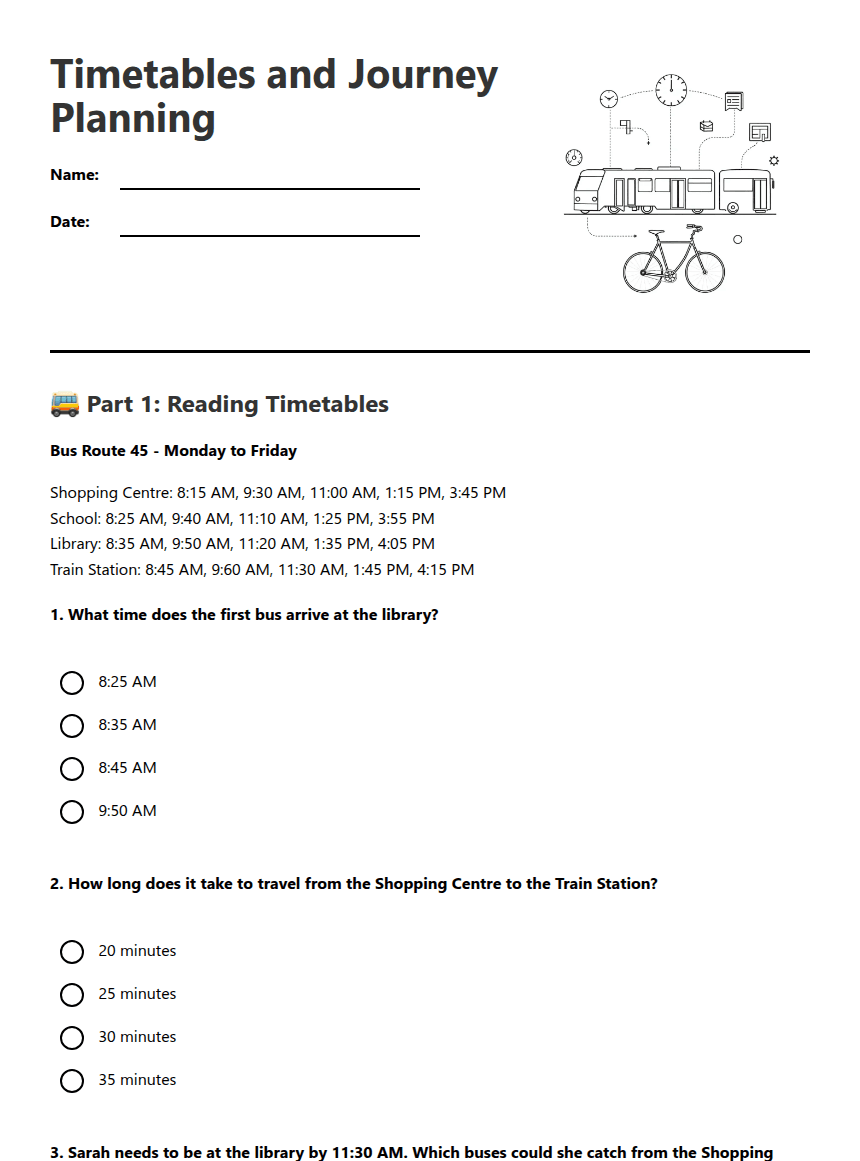 Timetables and Journey Planning worksheet preview