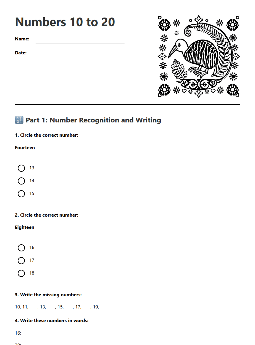 Numbers 10 to 20 worksheet preview
