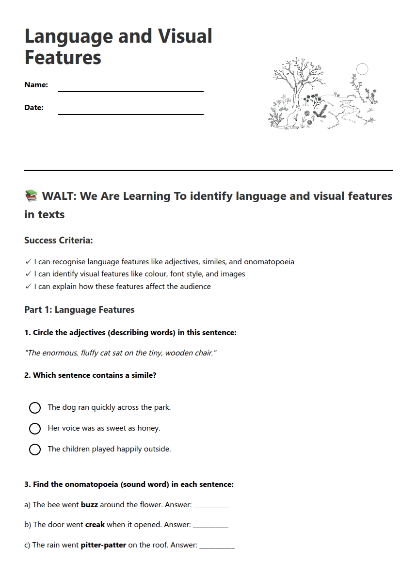 Language and Visual Features worksheet preview