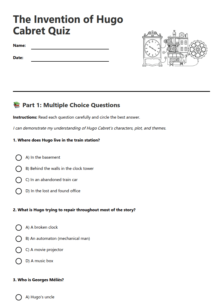 Hugo Cabret Quiz worksheet preview