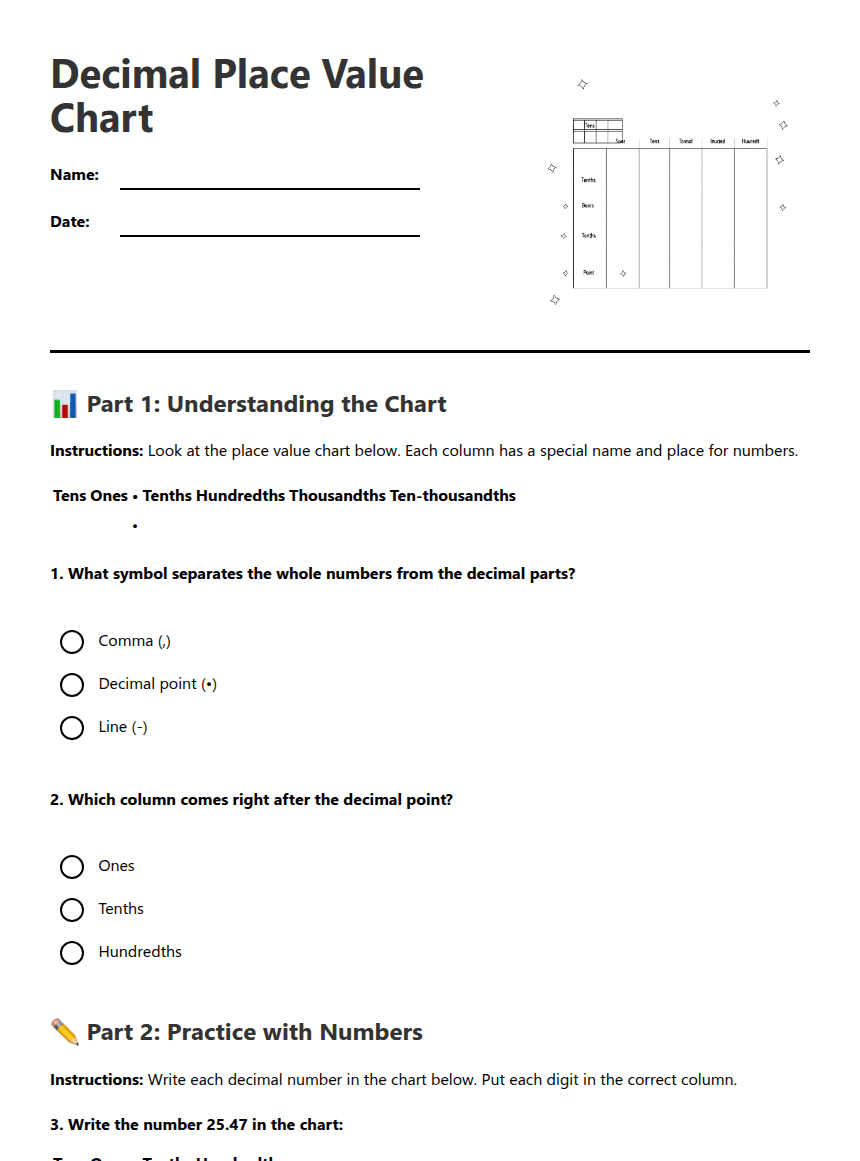 Decimal Place Value Chart worksheet preview