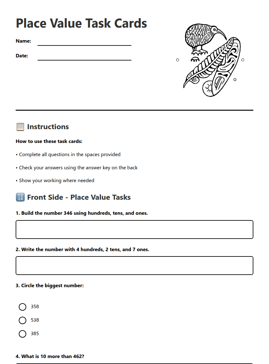 Place Value Task Cards worksheet preview
