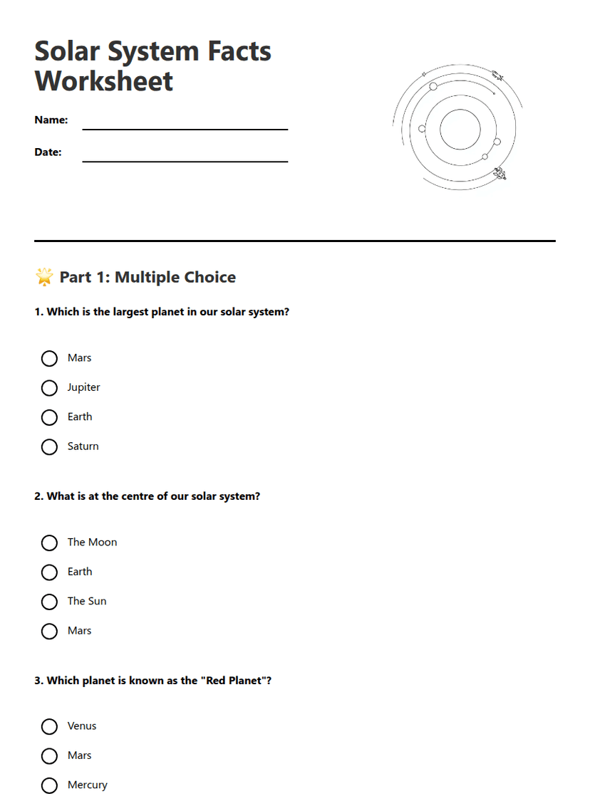 Solar System Facts Worksheet
