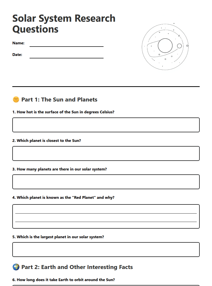 Solar System Research Questions worksheet preview