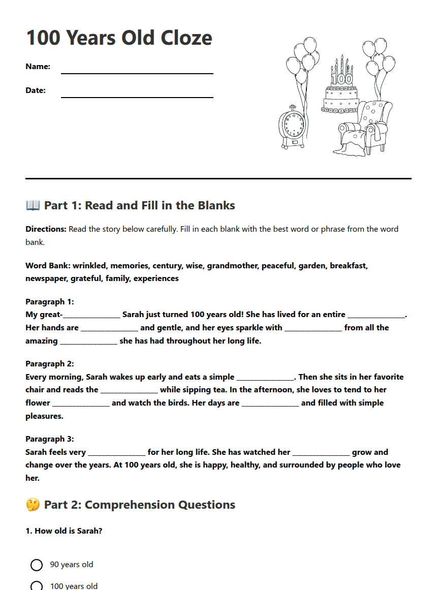 100 Years Old Cloze worksheet preview
